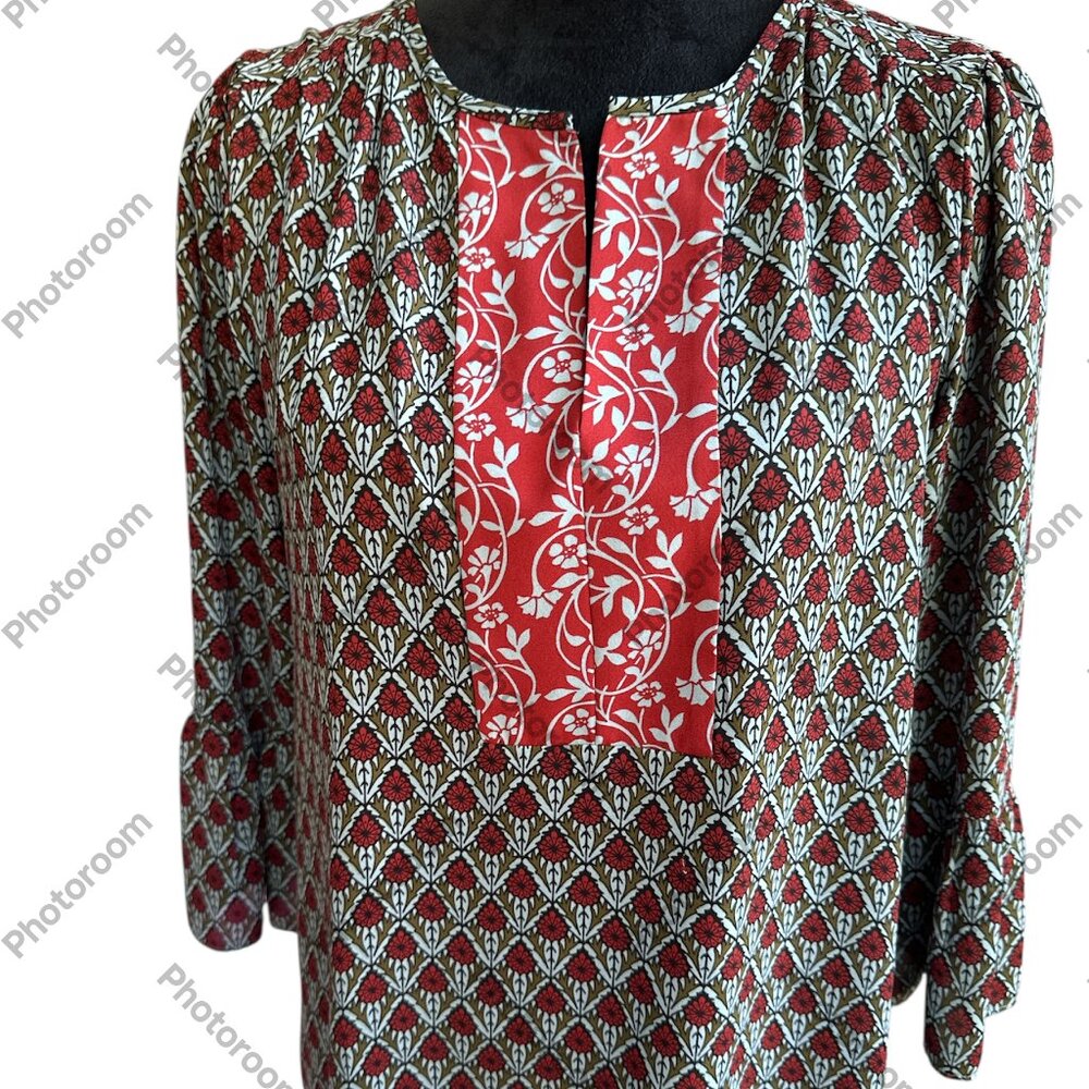 LOFT Red and Green Patterned Long Sleeve Blouse